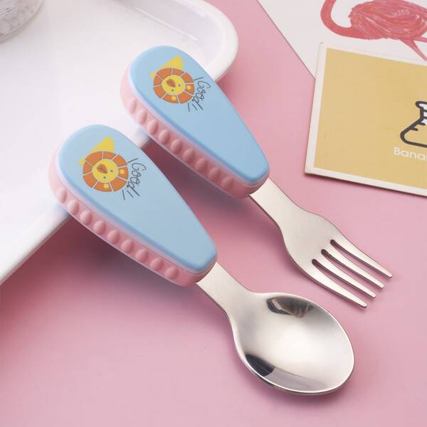 

2pcs Kids Cartoon Graphic Cutlery Set, Blue