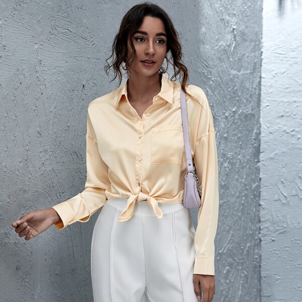 

Patch Pocket Button Front Tie Hem Satin Top, Gold
