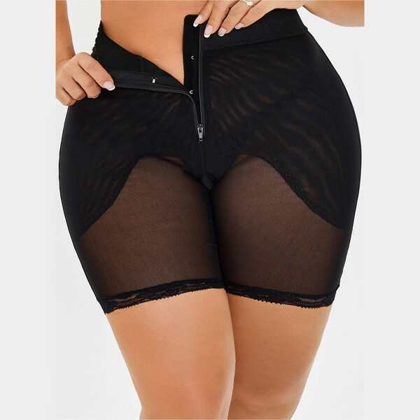

Plus Zip Front Contrast Mesh Shapewear Shorts, Black