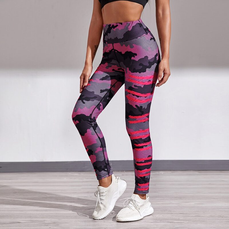 

Camo & Striped Print Sports Leggings, Multicolor