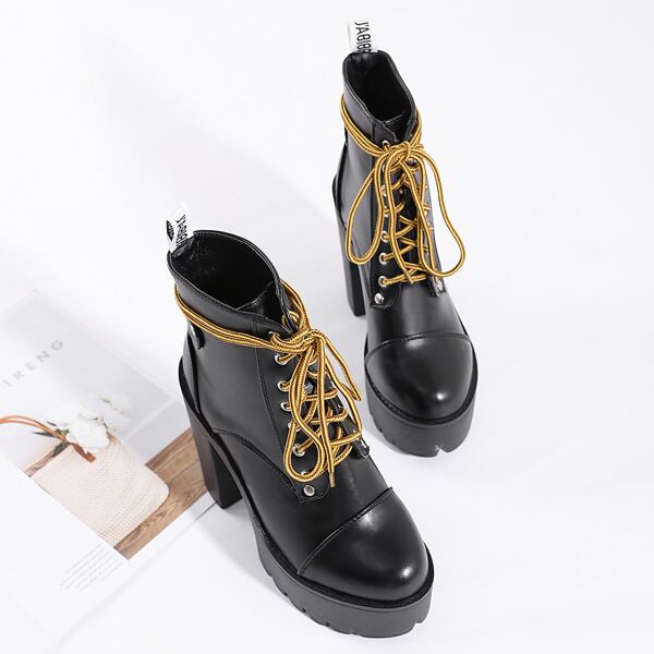 

Lace-up Front Chunky Heeled Ankle Boots, Black