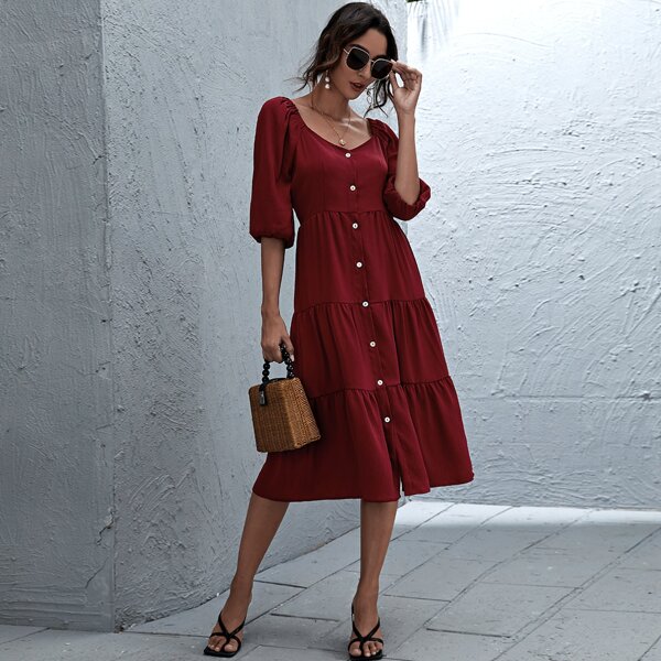 

Sweetheart Neck Button Front Ruffle Hem Dress, Burgundy
