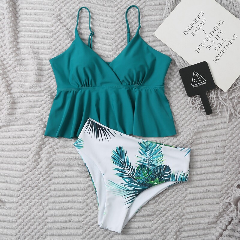 

Tropical Ruffle Hem High Waisted Bikini Swimsuit, Green