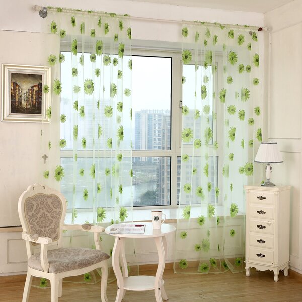 

1pc Sunflower Print Curtain, Green