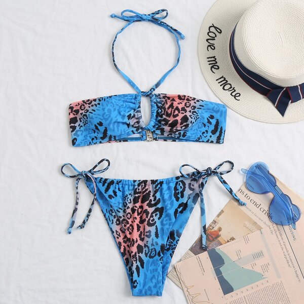 

Leopard Halter Tie Side Bikini Swimsuit, Blue