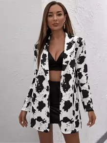 SHEIN Privé Cow Print Notch Collar Single Button Up Blazer - Black and White - View 1