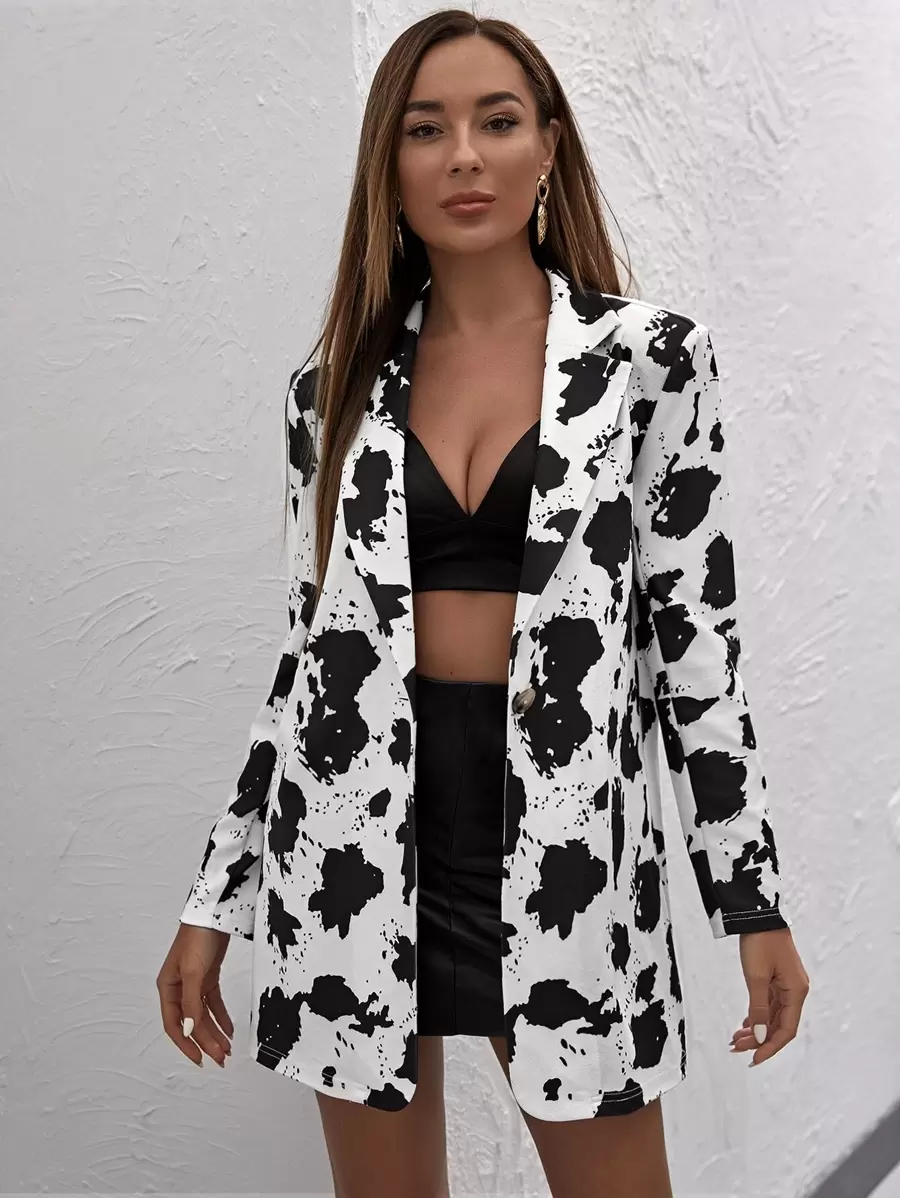 SHEIN Privé Cow Print Notch Collar Single Button Up Blazer - Black and White - View 1