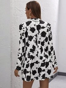 SHEIN Privé Cow Print Notch Collar Single Button Up Blazer - Black and White - View 2