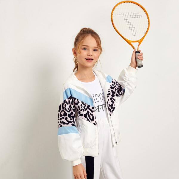 

Girls Leopard Panel Lantern Sleeve Chevron Wind Jacket, White