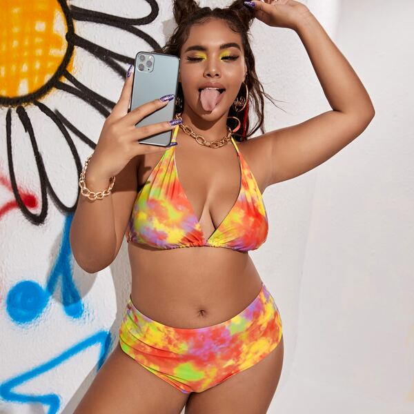 

Plus Tie Dye Halter Triangle Bikini Swimsuit, Multicolor