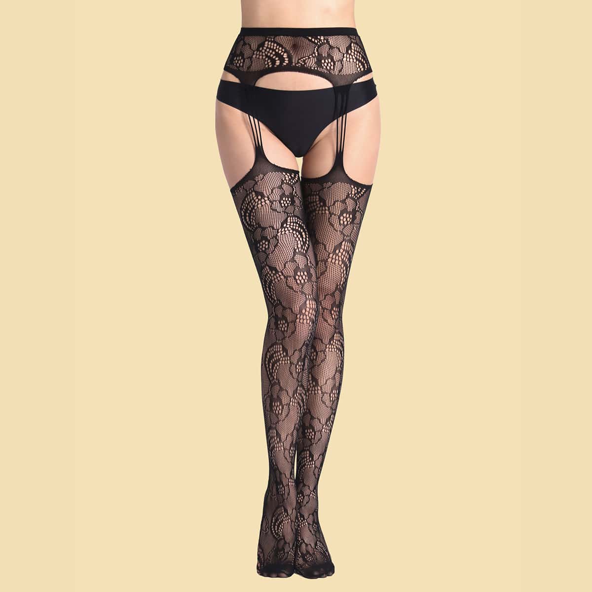 

Hollow Out Floral Mesh Tight, Black
