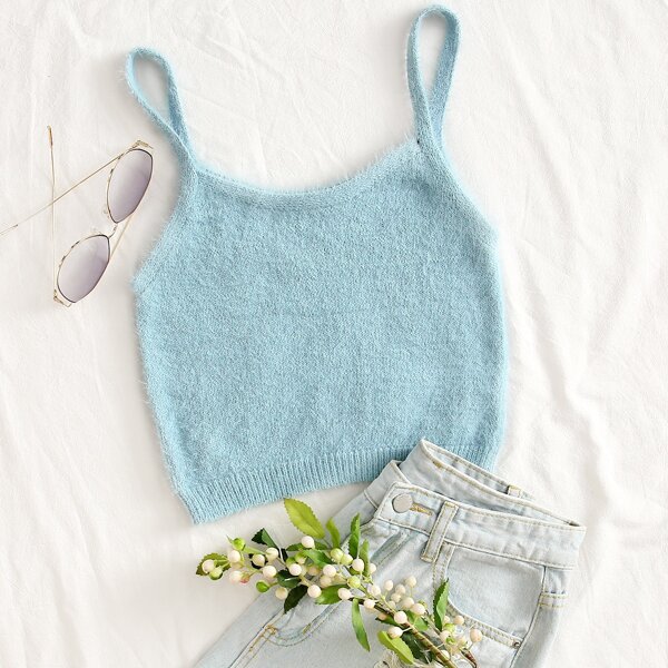 

Fluffy Knit Crop Cami Top, Baby blue