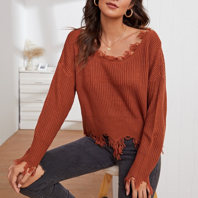 

Drop Shoulder Frayed Trim Sweater, Burnt orange