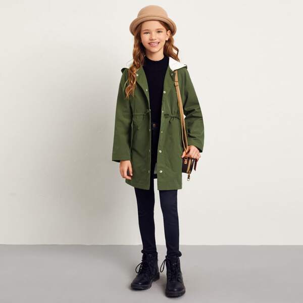 

Girls Drawstring Waist Hooded Parka Coat, Army green