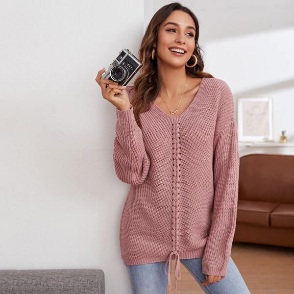 

Drop Shoulder Lace Up Front Sweater, Dusty pink