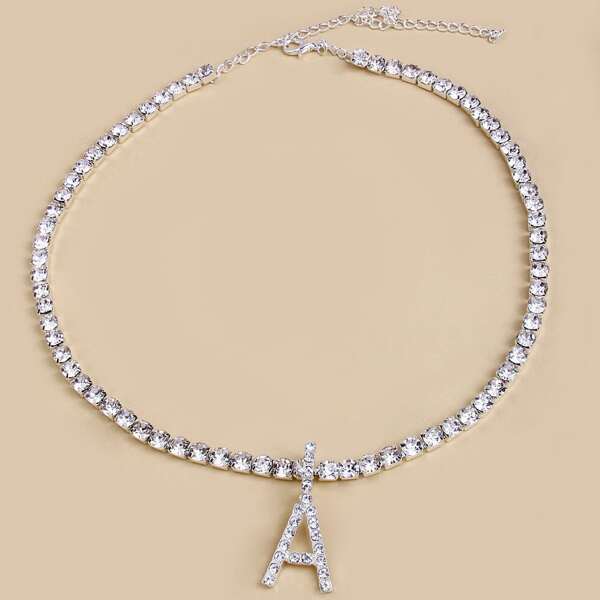 

Rhinestone & Letter Decor Necklace, Silver