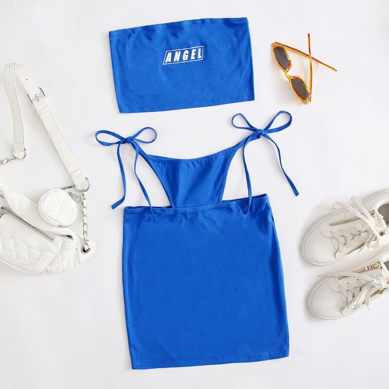

Letter Graphic Tube Top & Tie Side Cut Out Skirt Set, Blue