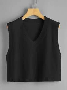 SHEIN Unity Solid Crop Sweater Vest - Black - View 1