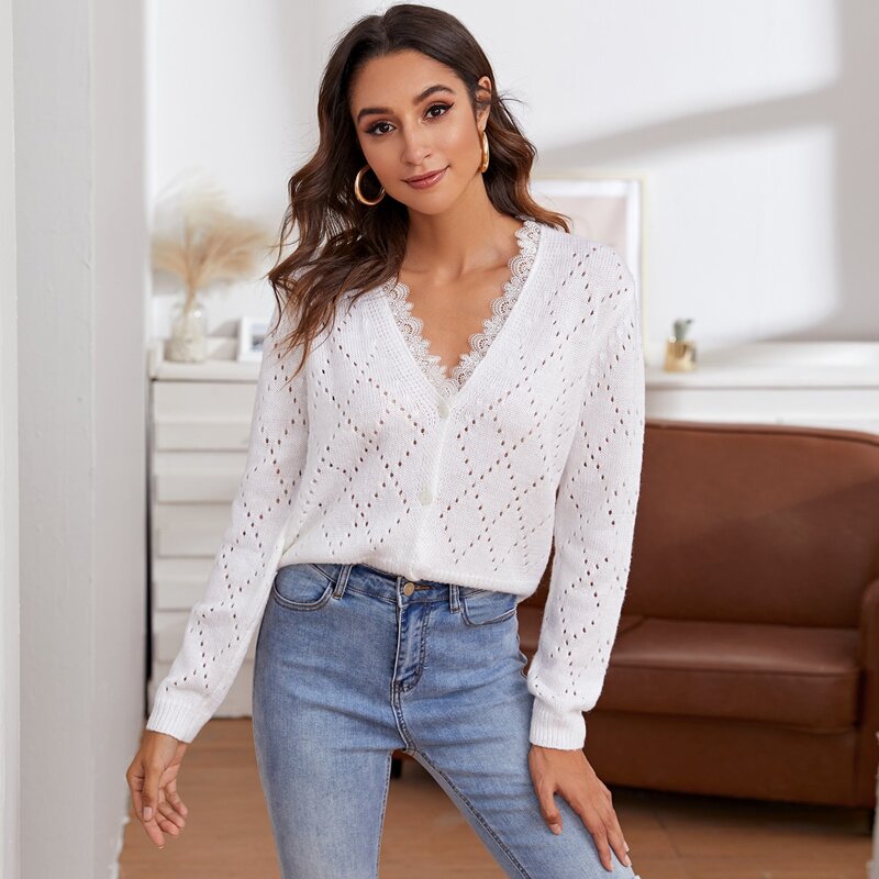 

Lace Trim Buttoned Front Open Knit Cardigan, White