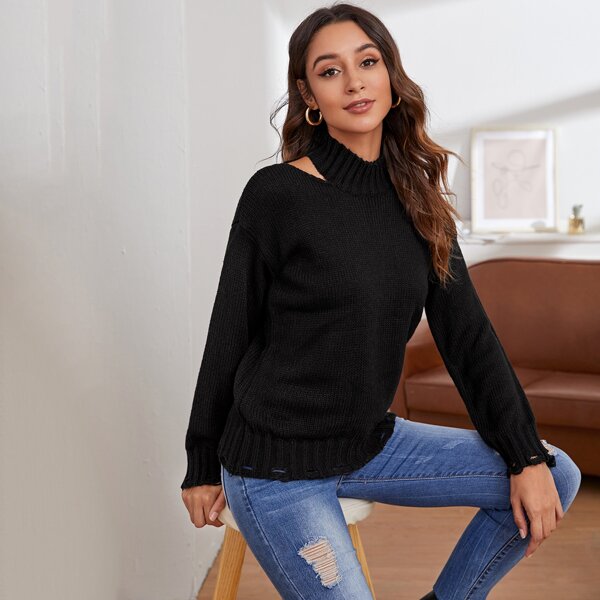 

Drop Shoulder Cut Out Detail Sweater, Black