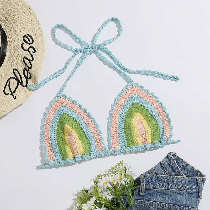 

Color Block Crochet Triangle Bikini Top, Multicolor