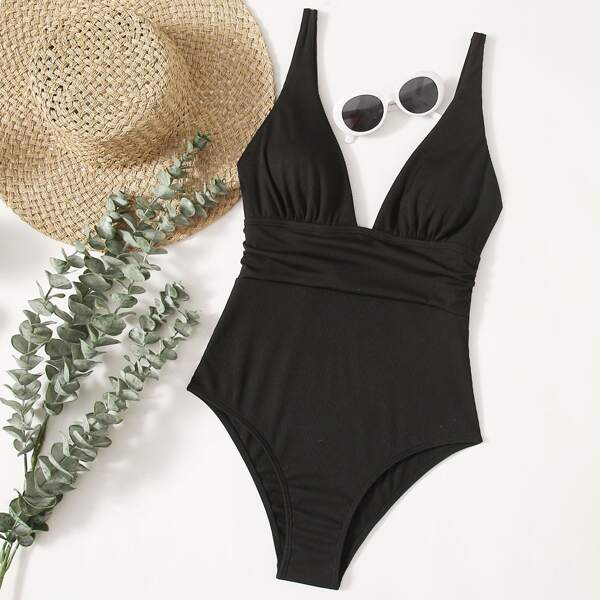 

Plain Ruched One Piece Swimsuit, Black