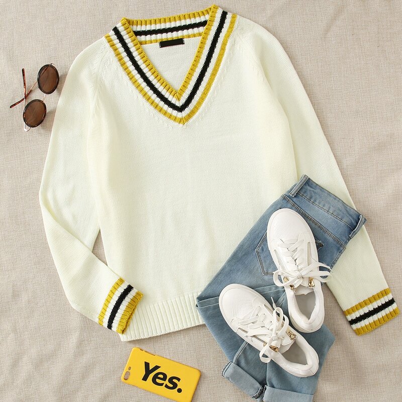 

Raglan Sleeve Striped Trim Sweater, Beige