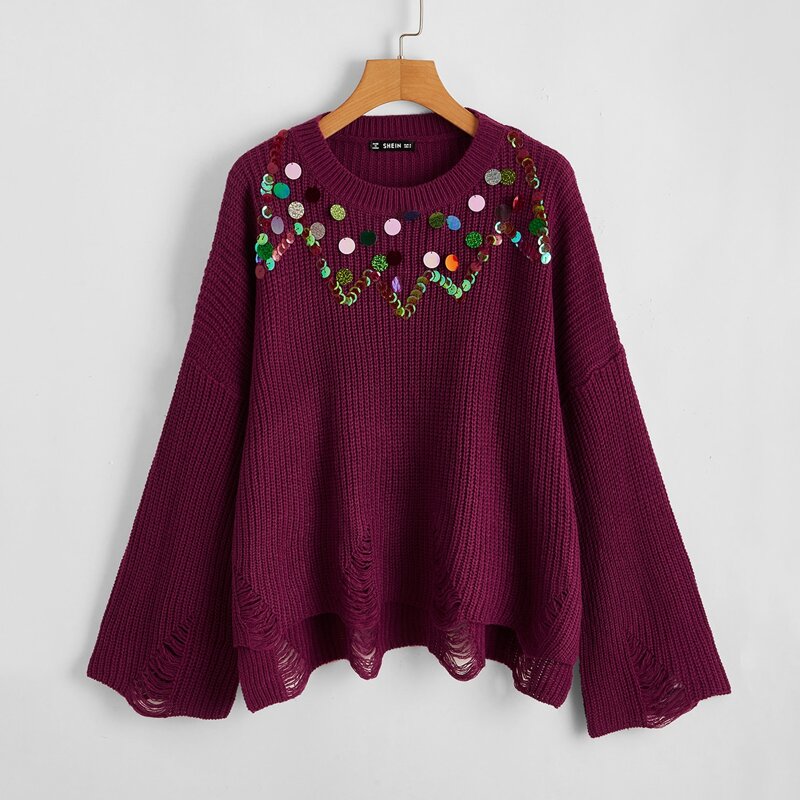 

Ripped Hem Sequin Detail Sweater, Purple