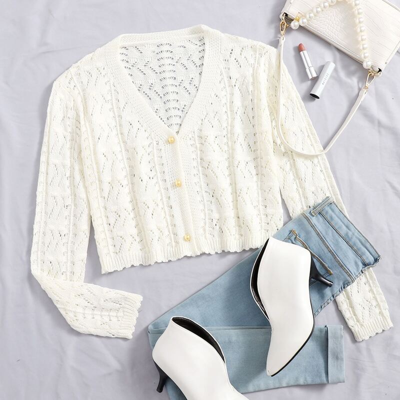 

Button Front Pointelle Knit Cardigan, White
