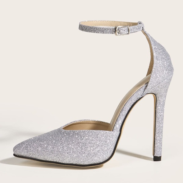 

Point Toe Ankle Strap Glitter Stiletto Pumps, Silver