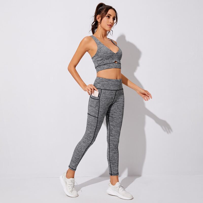 

Cut Out Front Sports Bra And Leggings With Phone Pocket, Grey
