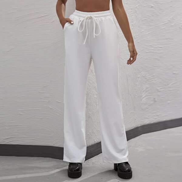 

Drawstring Waist Solid Pants, White