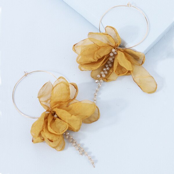 

Fabric Floral Decor Beaded Drop Earrings, Yellow