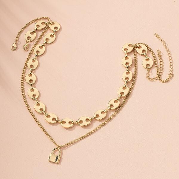 

2pcs Simple Lock Charm Necklace, Gold