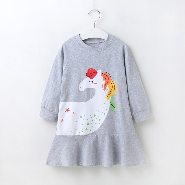 

Toddler Girls Cartoon Graphic Ruffle Hem Sweatshirt Dress, Light grey