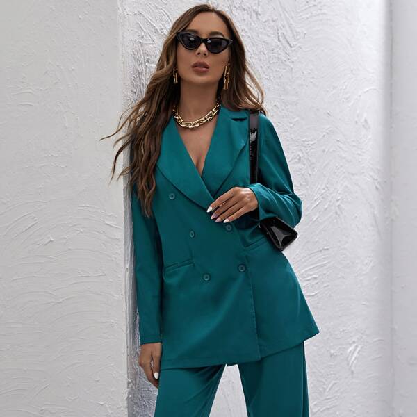 

Notched Collar Double Breasted Blazer, Teal blue