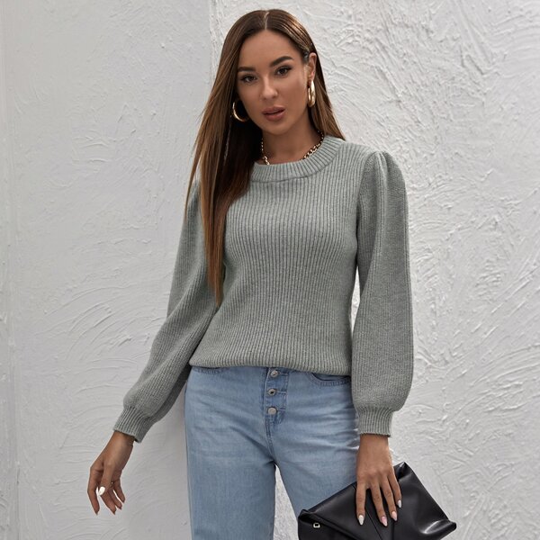 

Lantern Sleeve Rib-knit Sweater, Grey