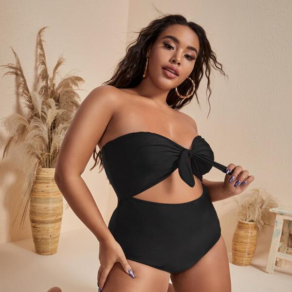 

Plus Cut-out Knot Bandeau One Piece Swimsuit, Black