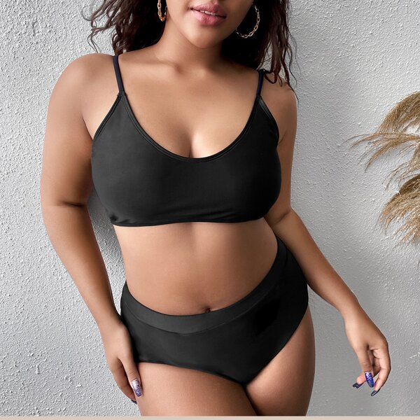 

Plus Plain High Waisted Bikini Swimsuit, Black