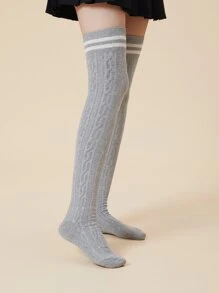 Striped Pattern Over Knee Length Socks - Light Grey - View 2