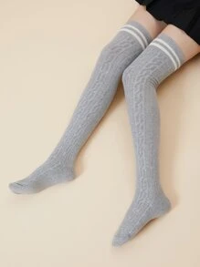 Striped Pattern Over Knee Length Socks - Light Grey - View 3