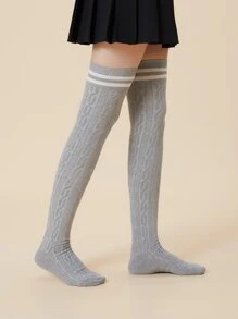 Striped Pattern Over Knee Length Socks - Light Grey - View 4