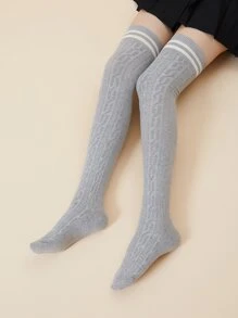 Striped Pattern Over Knee Length Socks - Light Grey - View 5