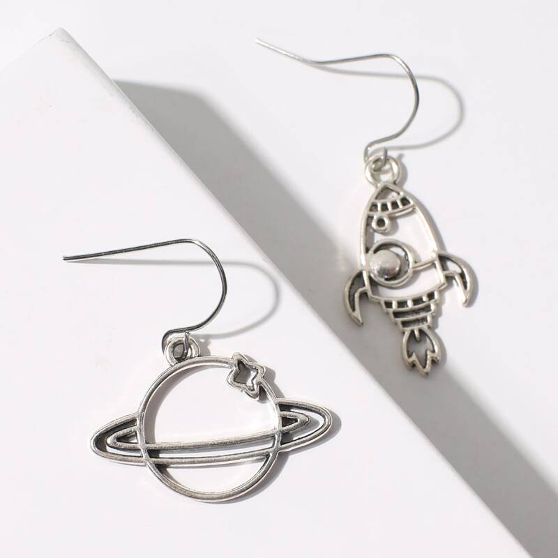 

Planet & Rocket Drop Earrings, Antique silver