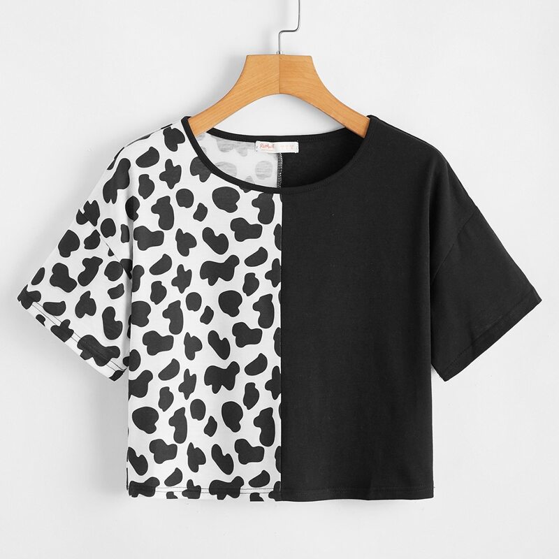 

Cow Print Spliced Crop Top, Black and white