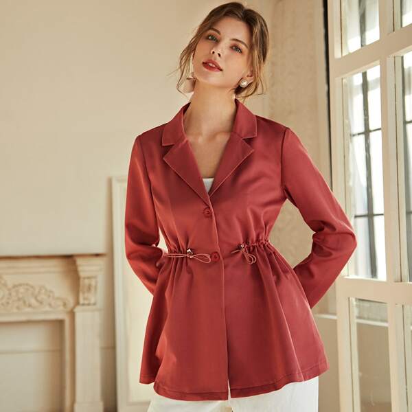

Solid Drawstring Waist Button Through Blazer, Rusty rose