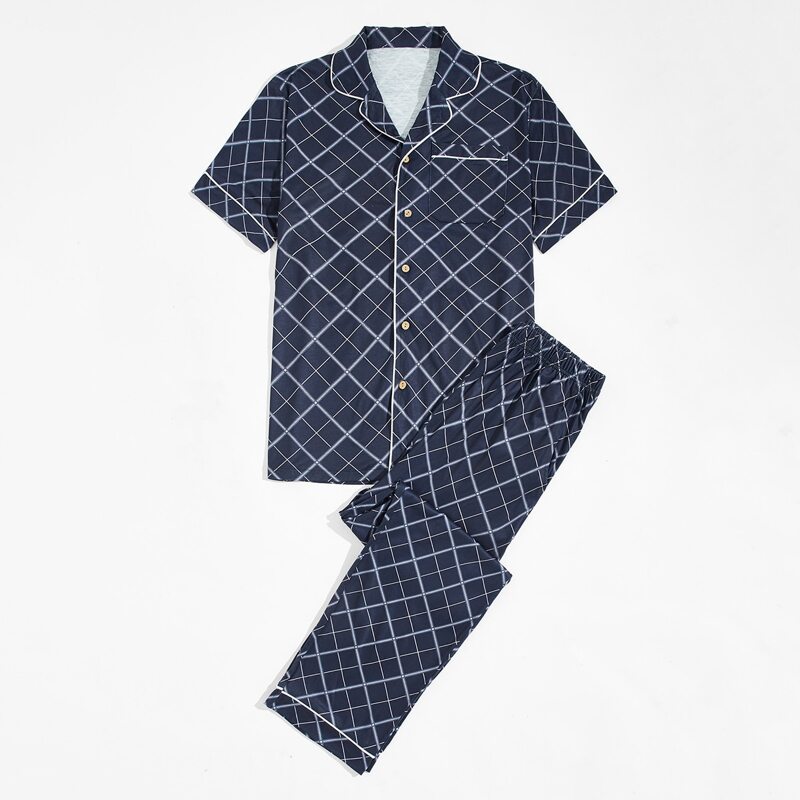 

Guys Argyle Print Button Front PJ Set, Navy blue