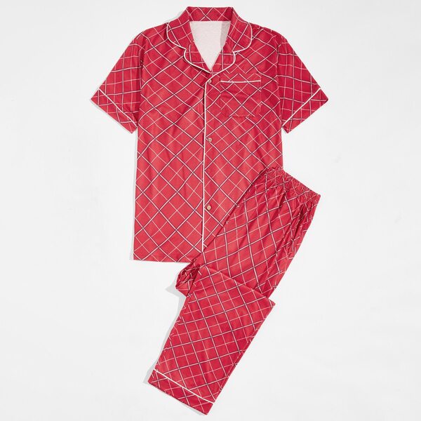 

Men Argyle Print Button Front PJ Set, Red