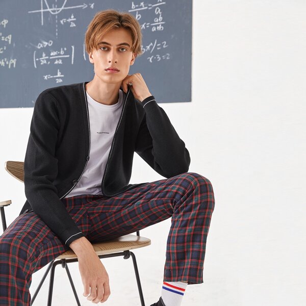 

Men Striped Button Through Cardigan, Black