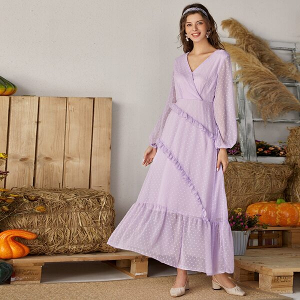 

Swiss Dot Frill Trim A-Line Dress, Lilac purple